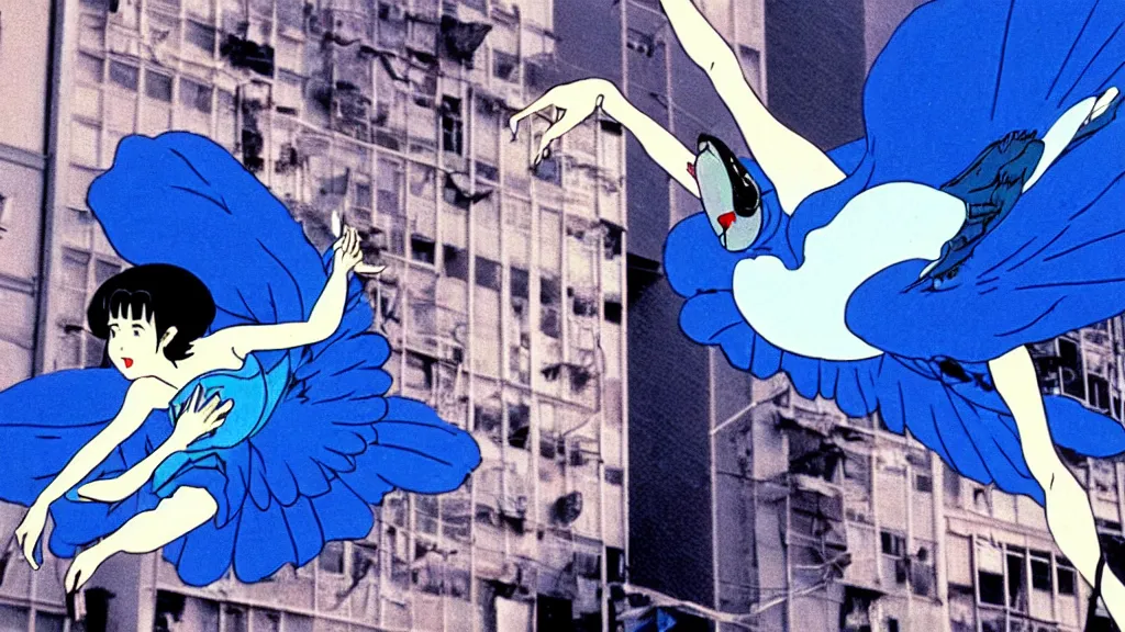 Image similar to a woman in a blue dress wearing a blue swan mask falling from a building in Tokyo , film still from the an anime directed by Katsuhiro Otomo with art direction by Salvador Dalí, wide lens