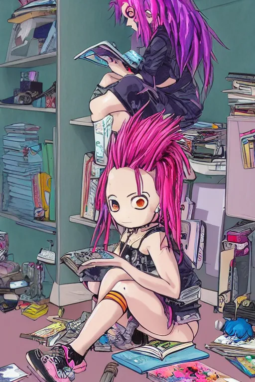 Prompt: concept art painting of a chibi anime cybergoth girl with pink dreads on the floor reading a book in a cluttered 9 0 s bedroom, artgerm, moebius, inio asano, toon shading, cel shading, calm, tranquil, vaporwave colors,