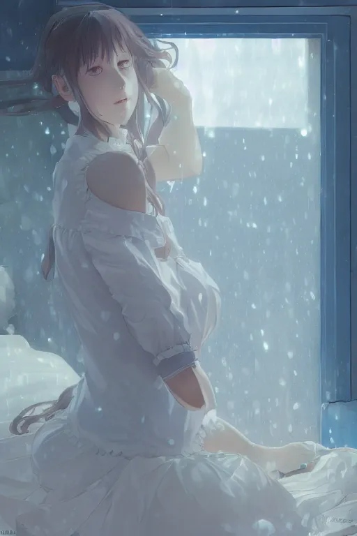 Prompt: a girl in a maid's outfit in the bedroom a night, raining outside the window, blue theme, wavy white long hair, by krenz cushart and mucha and akihito yoshida and greg rutkowski and makoto shinkai, 4 k resolution