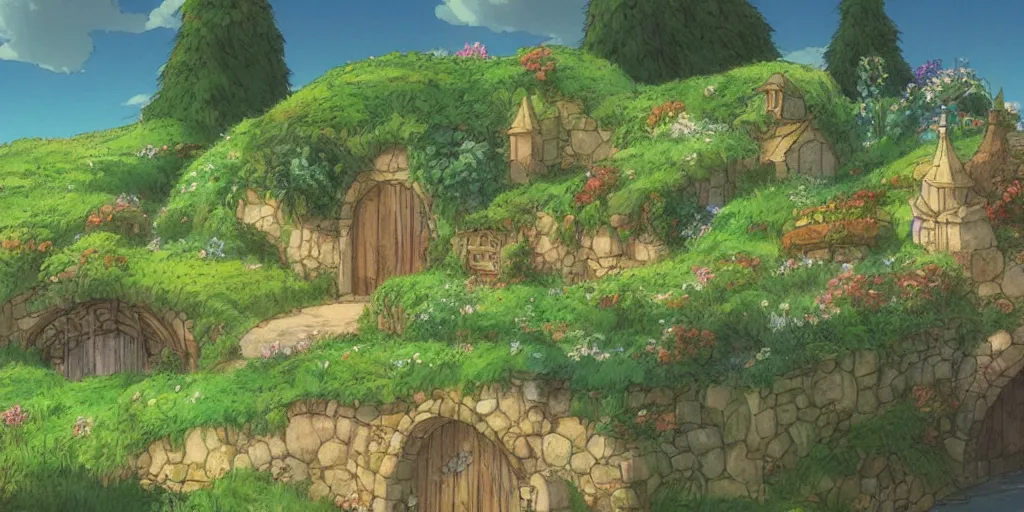 Prompt: a still of a background from howl's moving castle of hobbiton, studio ghibli, light bloom