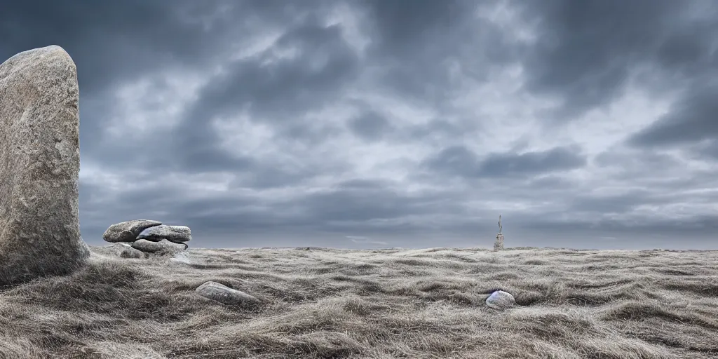 Image similar to a breathtaking surreal render of windswept dunes scandinavian landscape, a withered ancient altar + stone in center in focus, blue tint, ultra wide shot, cinematic, 8 k, photorealistic, dramatic lighting