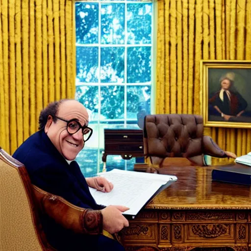 Image similar to portrait of president danny devito sitting in his chair behind the desk in the oval office