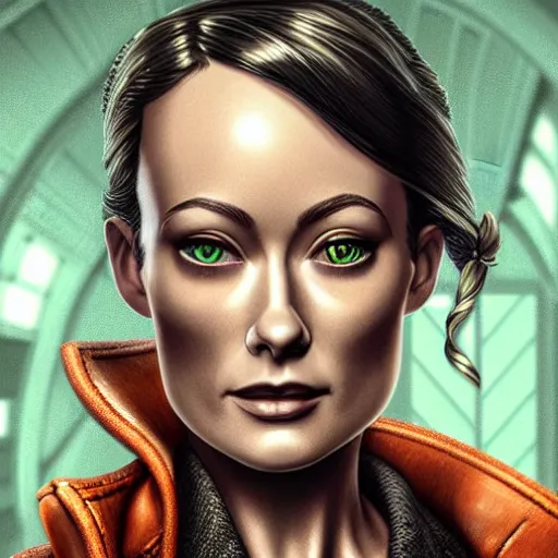 Image similar to close up portrait of olivia wilde as sherlock Holmes with has an epic idea, pixar style, stylized face, intricate detail, digital painting, gears, watches, steampunk, glowing orange eyes, biomechanical, neon colors, cyberpunk, trash polka, raining, faded green, particles floating, industrial background by marc simonetti + wlop, artwork by ross tran + ramond swanland + liam wong +mike winklemann + wlop