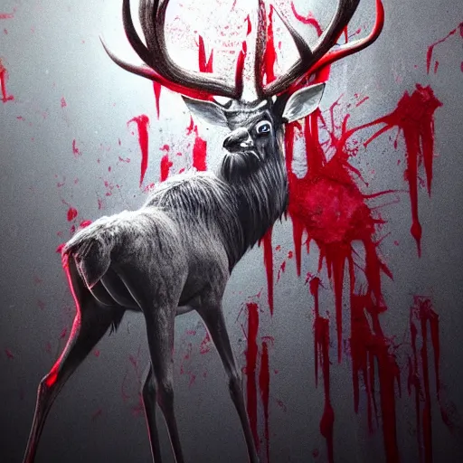 Image similar to Photorealistic wendigo elk dripping blood. Hyperdetailed photorealism, 108 megapixels, amazing depth, glowing rich colors, powerful imagery, Eldritch Horror Overtones, 3D finalrender, 3d shading, cinematic lighting, artstation concept art