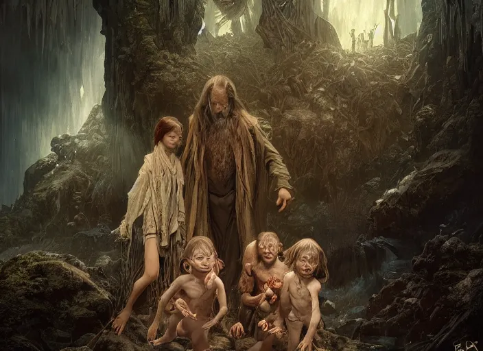 Prompt: a dramatic highly detailed render of Gollum family , Middle-earth , by WLOP and Artgerm and Greg Rutkowski and Alphonse Mucha, Beautiful dynamic dramatic dark moody lighting, shadows, cinematic atmosphere, Artstation, Octane render, 8K, masterpiece, sharp focus, hyperrealistic, photograph