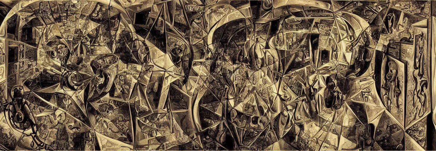 Prompt: Celebration of birth of General Artificial Intelligence by Salvador Dali and M. C. Escher collaboration, digital art, high details