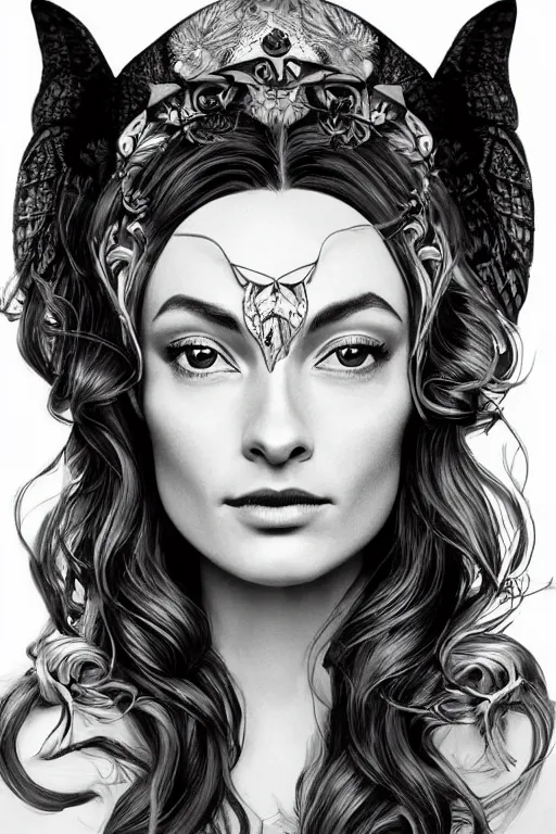 Prompt: Art Nouveau Queen of owls, a beautiful young Austrian woman who looks like a mix of Audrey Hepburn and Olivia Wilde, perfect skin, perfect face, gorgeous, symmetrical face, symmetrical body, artgerm, flowing hair, realistic, photorealistic, editorial photograph, portrait, detailed, intricate, focused, muted colors, artstation, border and embellishments inspiried by alphonse mucha, fractals in the background, galaxy