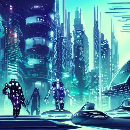 Prompt: a cyberpunk illustration of futuristic city with many aliens and beautiful woman, modern cars, helicopter, dragons, digital art
