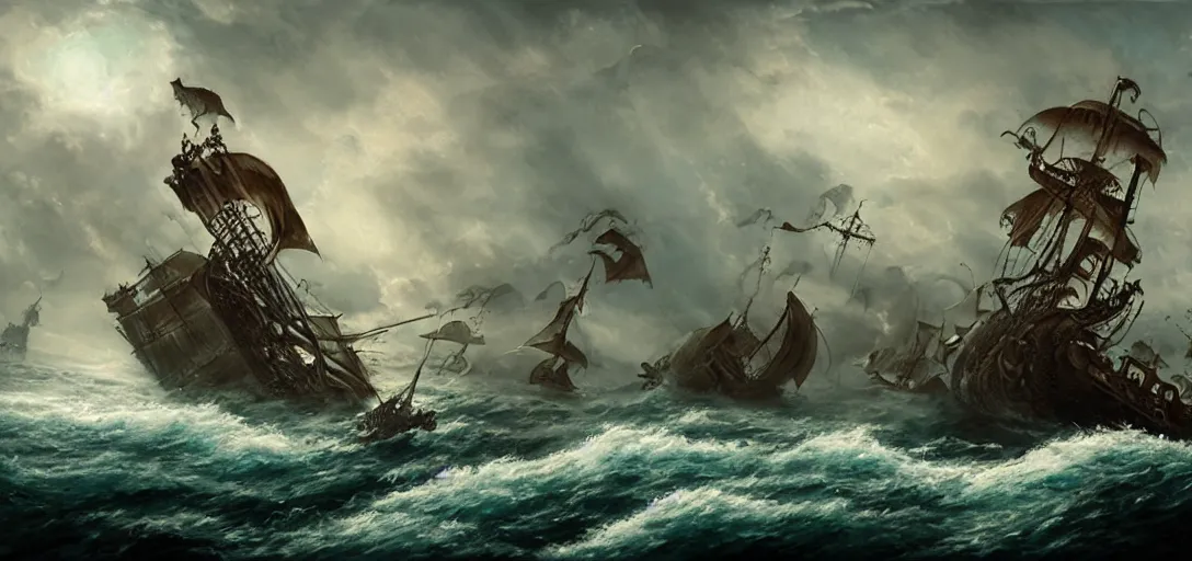 Image similar to sea monster attacking a pirate ship, cinematic, atmospheric, detailed