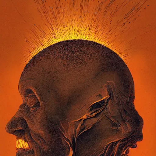 Image similar to A Black background portrait of a man with an exploding head by Zdzisław Beksiński and Ilya Repin,In style of Otomo Katsuhiro.digital illustration,Ray tracing,hyper detailed,sharp focus,4k