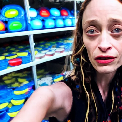 Image similar to fiona apple taking a selfie at the m & ms factory