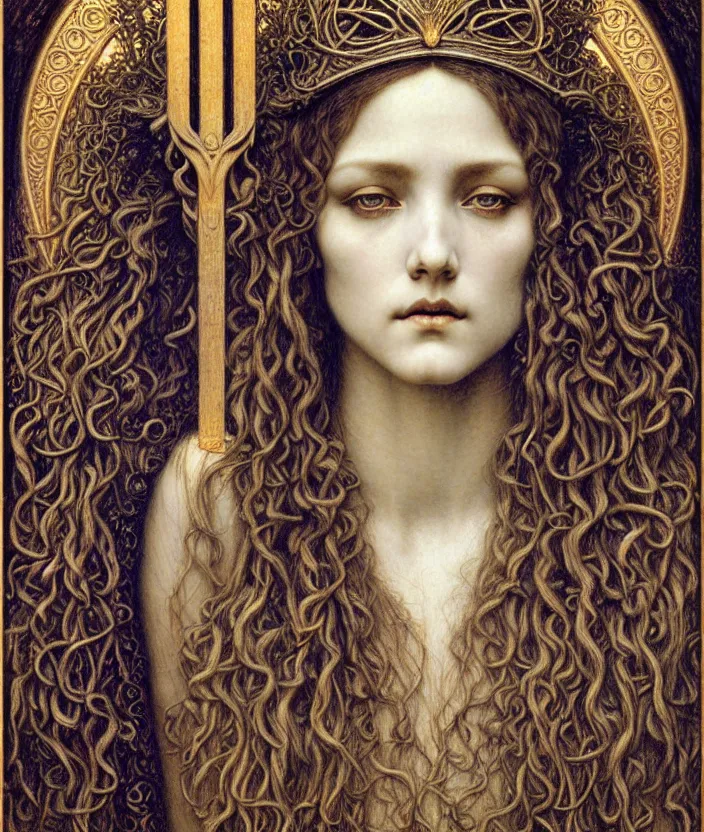 Image similar to detailed realistic beautiful young medieval queen face portrait by jean delville, gustave dore and marco mazzoni, art nouveau, symbolist, visionary, gothic, pre - raphaelite. horizontal symmetry