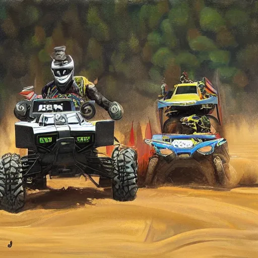 Image similar to all terrain vehicle race, painting by jerome bosch