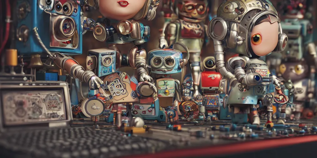 Image similar to closeup portrait of tin toy retro robots team programming in a computer lab, depth of field, zeiss lens, detailed, centered, fashion photoshoot, by nicoletta ceccoli, mark ryden, lostfish, breathtaking, 8 k resolution, extremely detailed, beautiful, establishing shot, artistic, hyperrealistic, octane render