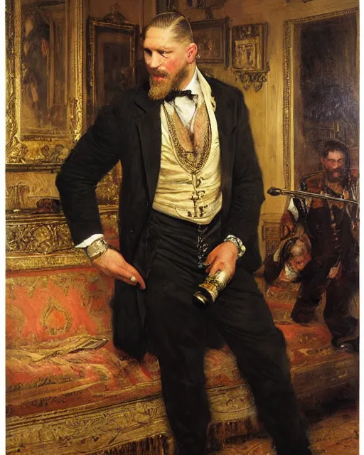 Image similar to tom hardy ( ( ( beard ) ) ) clean - shaven, rehearsing shakespeare to a room full of businessmen, painting by gaston bussiere, craig mullins, j. c. leyendecker