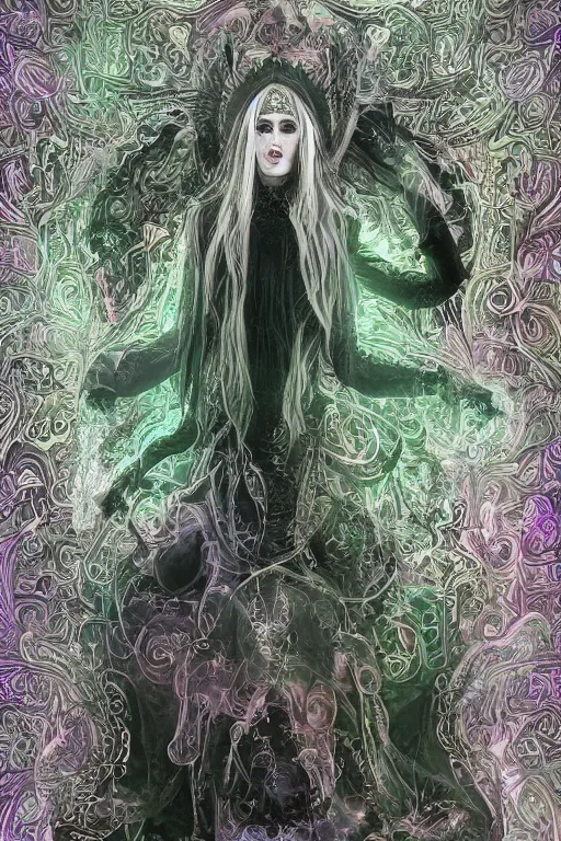 Prompt: highly detailed, digital painting of a beautiful arcane witch in a dark intricate ornate fractal-lace and gemstones mask, wearing a stunning silky bio-luminiscent neon-noir neo-goth dress, subdued dark pastel colors palette, full view, soft lighting, vivid, Hyperdetailed, 4k hd matte, 8k resolution, enchanting and otherworldly, detailed, front view, Portrait backlighting, Kodakchrome, high contrast, Gsociety, trending on ArtstationHQ, dreamscape maximized.