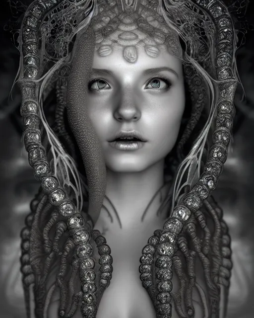Prompt: surreal mythical dreamy underwater artistic black and white 3 d render of a translucent beautiful young female angelic - medusa - vegetal - doll with fish scales all over her face, highly detailed, intricate crystal ivy jelly ornate, poetic, translucent algae ornate, digital art, octane render, 8 k artistic photography, photo - realistic, hg giger flora borsi