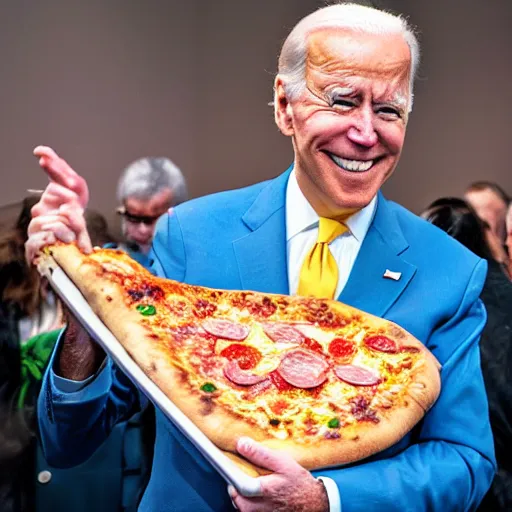 Image similar to joe biden holding a pizza like a newborn baby, award winning candid photography