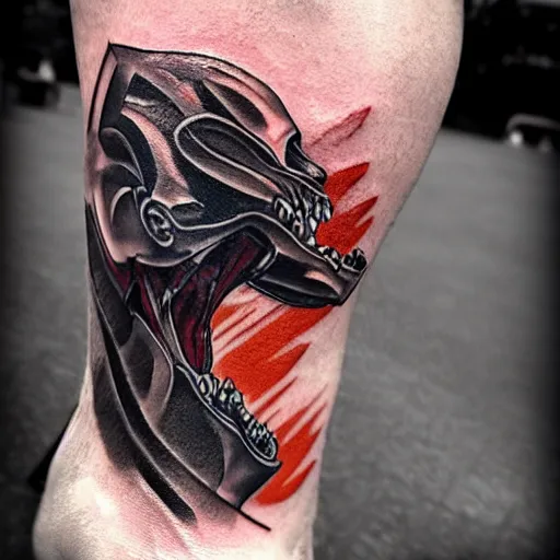 Prompt: tattoo of a ghostrider, white, red orange and black ink strokes detailed, hyperrealistic trending on artstation