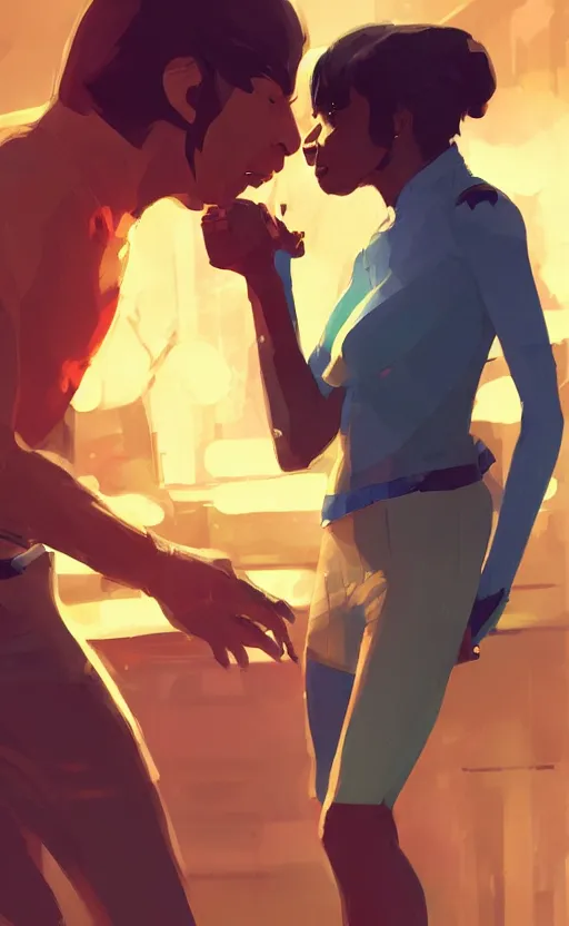 Prompt: Uhura and Spock caught about to kiss, surprise, cute, innocent, soft lighting, standing in a starbase bar, In style of Yoji Shinkawa, wojtek fus, by Makoto Shinkai, concept art, highly detailed