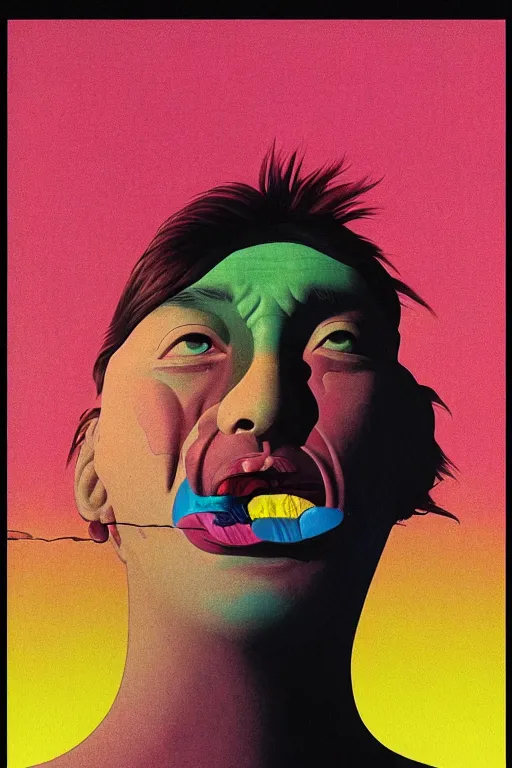 Prompt: a colorful vibrant closeup portrait of a Pink Floyd licking a tab of LSD acid on his tongue and dreaming psychedelic hallucinations, by kawase hasui, moebius, Edward Hopper and James Gilleard, Zdzislaw Beksinski, Steven Outram colorful flat surreal design, hd, 8k, artstation