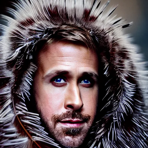 Image similar to portrait of ryan gosling dressed as a canada goose, feather suit, natural light, sharp, detailed face, magazine, press, photo, steve mccurry, david lazar, canon, nikon, focus