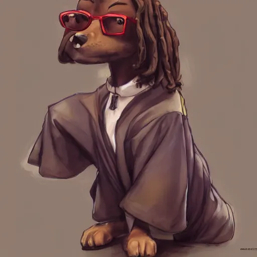 Prompt: a portrait of a snoop dog in a summer dress by krenz cushart