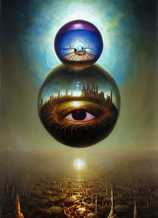 Prompt: realistic extremely detailed image of big eye in glass sphere ##floating in the air## surrounded by DMT elfs by Karol Bak, Greg Hildebrandt, and Mark Brooks, Neo-Gothic, intricate, surrealism, science fiction, rich deep colors. by Goro Fujita and Simon Stalenhag, Beksinski, 8k masterpiece