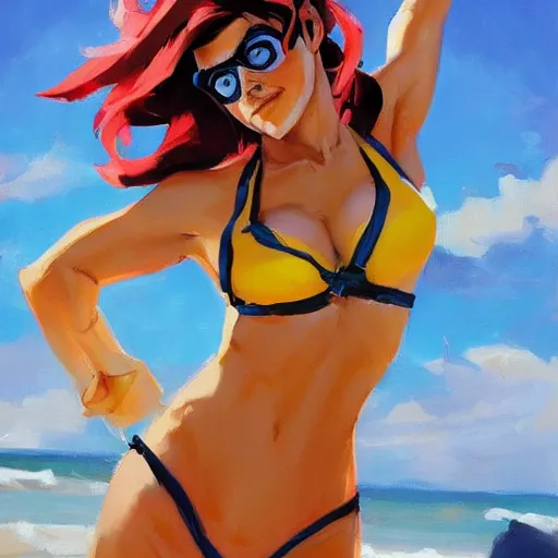 Image similar to greg manchess splashart painting of overwatch's tracer in a bikini