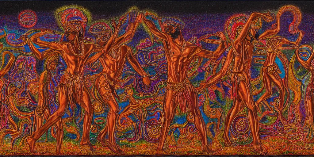 Image similar to an abstract spiritual landscape, portrait of a virile dark - skinned greek god dancing. 2 4 mm, photorealistic, muted color scheme, directed by mati klarwein