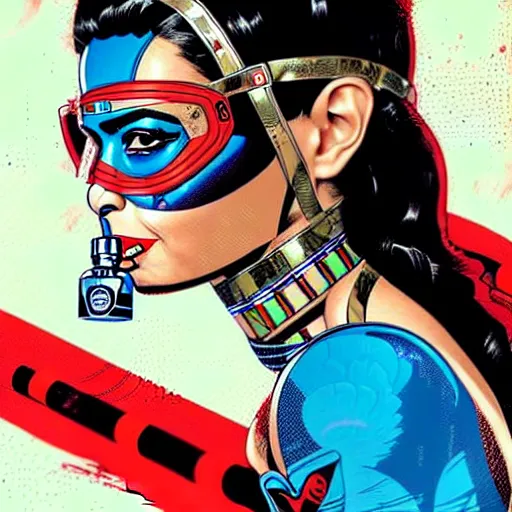 Image similar to a profile photo of a egyptian woman with a diving oxygen mask with side profile blood in ocean intricate details by MARVEL comics and Sandra Chevrier-C