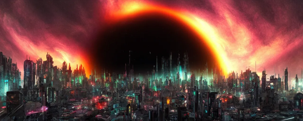 Prompt: ühoto of a black hole is destroying a gothic cyberpunk City