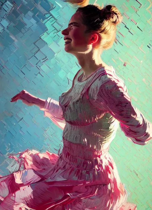 Image similar to portrait of a beautiful girl, smiling, ecstatic dancing, eyes closed, shades of pink, beautiful face, rule of thirds, intricate outfit, spotlight, by greg rutkowski, by jeremy mann, by francoise nielly, by van gogh, digital painting