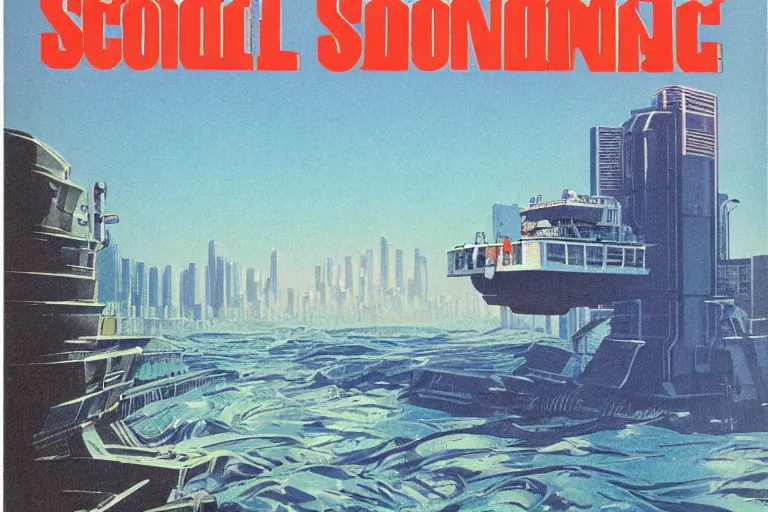 Image similar to 1979 Popular science Magazine Cover of a seawall. In the background is Neo-Tokyo in Akira style by Vincent Di Fate