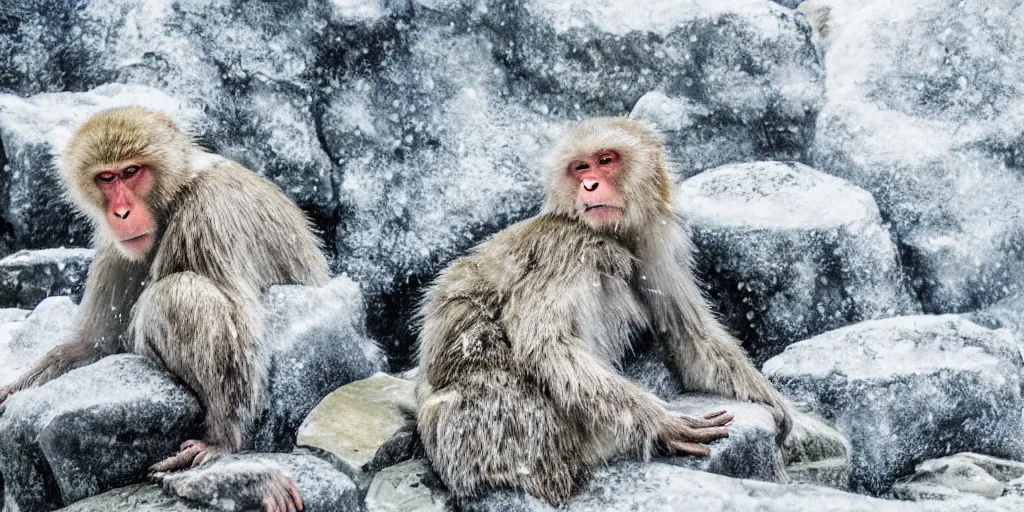 Image similar to scenic mountain setting, snow monkeys gather at the natural spa, highly detailed, snow flurry, cold, steamy, desaturated, inquisitive, striking, contemplative, watercolor, dry brush