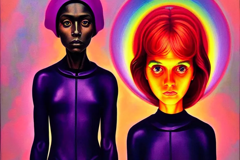 Image similar to patron saint of 🛸🌈👩🏾, futuristic jumpsuit, neon god of city character portrait, in the style of margaret keane, moebius, tom bagshaw, and waterhouse, cinematic lighting, beautiful, elegant, oil painting,