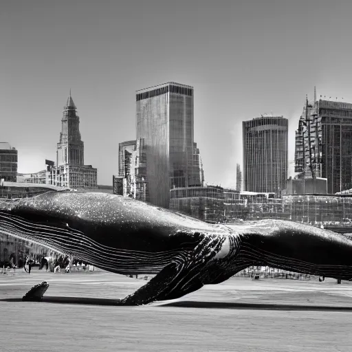 Prompt: a gigantic whale in the middle of the city, black and white photo, fim grain