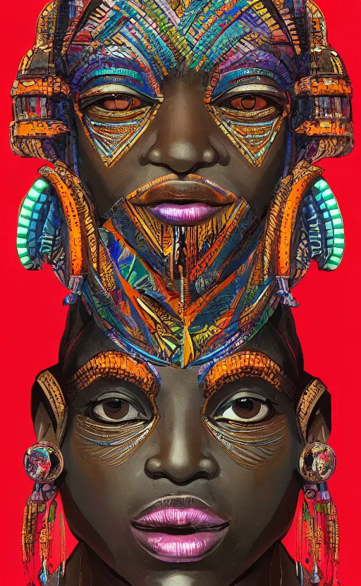 Image similar to upper half portrait digital painting of retro futuristic african tribal chief - embellished with vegetation and iridescent crystals, art by stanley artgem lau, highly detailed, digital painting, concept art, illustration, smooth sharp focus, intricate, symmetry, artstation, colourful,