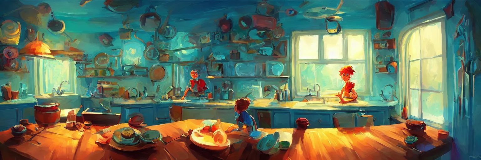 Image similar to fisheye spiral lines, naive nerikomi, weird perspective, extra narrow, detailed illustration of a kitchen dimly lit by rhads from lorax movie, trending artstation, true color