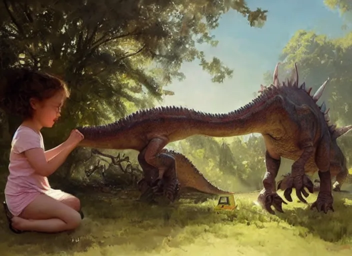 Image similar to a cute little girl with wavy curly brown hair meets a realistic accurate dinosaur. beautiful painting by greg rutkowski