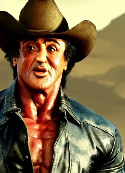 Image similar to an film still of sylvester stallone as cowboy, western background, unreal engine. amazing likeness. very detailed.