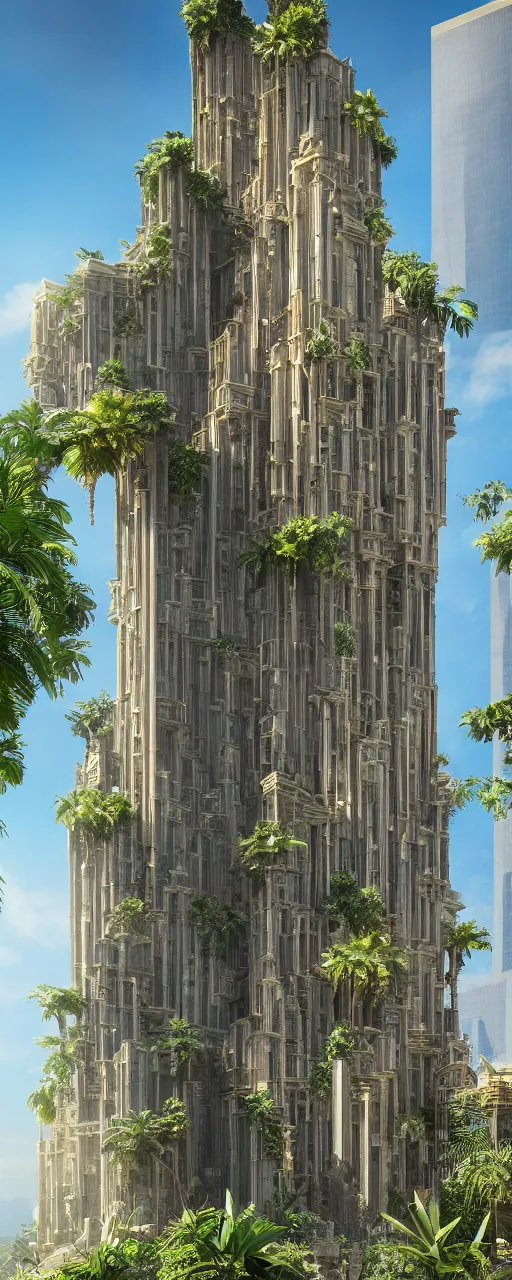 Image similar to epic eye level view of a contemporary tower, golden intricate details, stone facade, sacred architecture, hanging gardens, cascading highrise, arid mountains with lush palm forest, photorealistic, sunlight, 8 k, post - production, octane, cgi, sfx