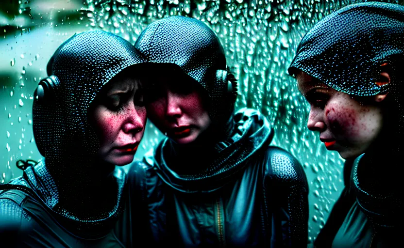 Image similar to cinestill 5 0 d candid photographic portrait by steve mccurry of two loving female androids sobbing wearing rugged black mesh techwear in treacherous waters, flooded city, medium closeup, retrofuturism cyberpunk moody emotional cinematic, pouring iridescent rain bright spotlight helicopter, 8 k, hd, high resolution, 3 5 mm, f / 3 2, ultra realistic faces, ex machina