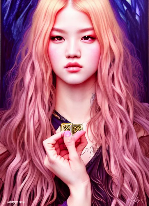 Image similar to jossi of blackpink, king, tarot card, highly detailed, digital painting, smooth, sharp focus, illustration, ultra realistic, 8 k, art by artgerm and alphonse mucha