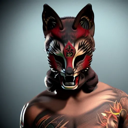 Image similar to a young male wearing a kitsune mask, his body is covered in tattoos, unreal engine 5, realistic, intricate