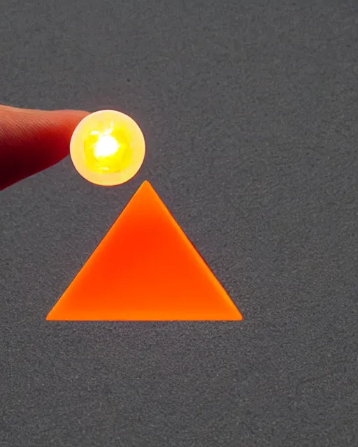 Prompt: a tiny glowing orange pyramid floating above an open hand facing up