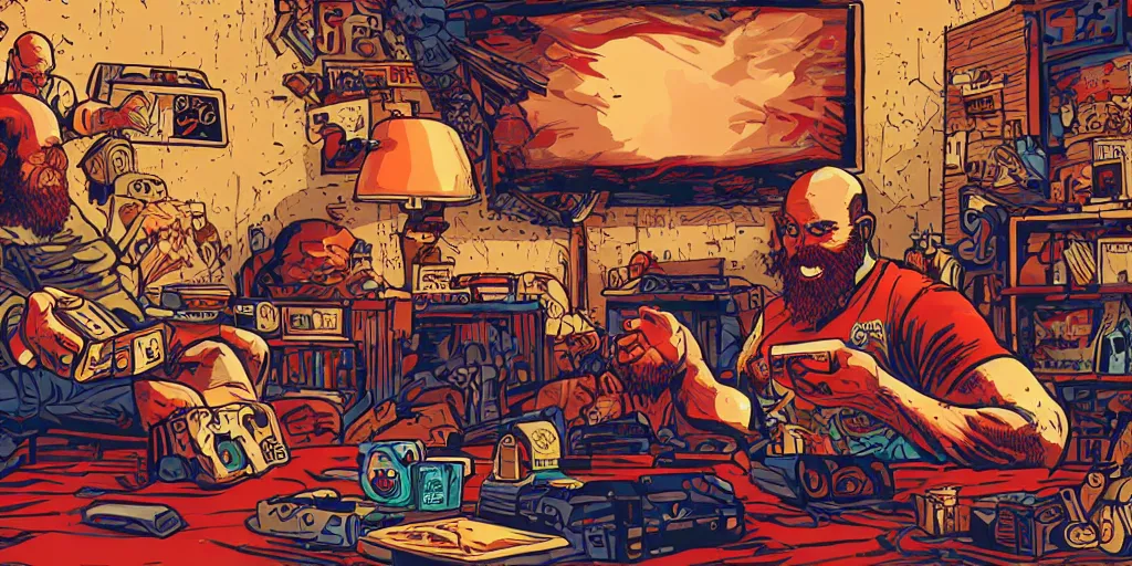 Image similar to a bald man with a big red beard playing video games by dan mumford and sandra chevrier, 4 k