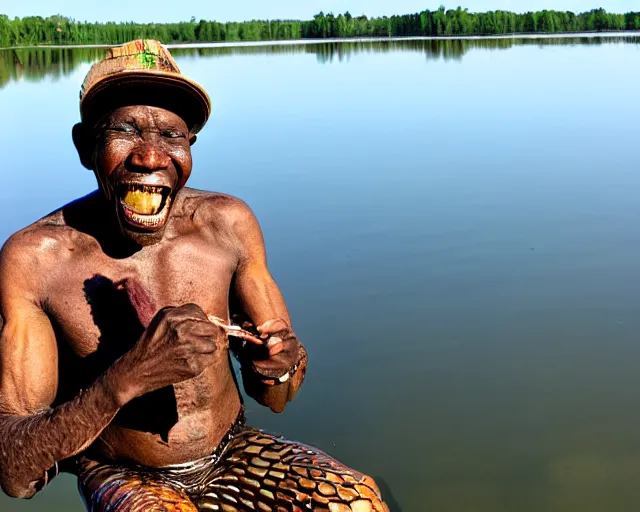 Prompt: wise zulu elder alligator guy has a sharp line of teeth. my teeth are sharp. there is a lake in the foreground with water reflections.