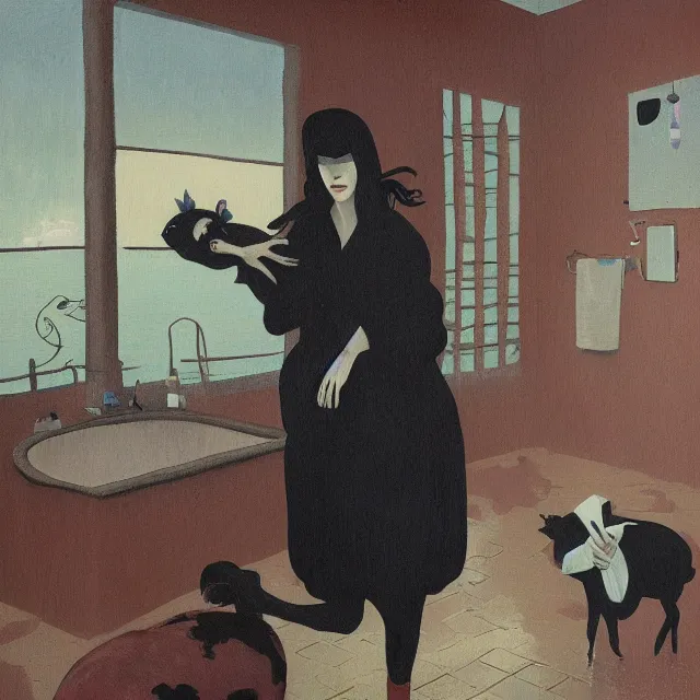 Image similar to tall female emo artist holding a pig in her flooded bathroom, octopus, water gushing from ceiling, painting of flood waters inside an artist's bathroom, a river flooding indoors, pomegranates, pigs, ikebana, water, octopus, river, rapids, waterfall, black swans, canoe, berries, acrylic on canvas, surrealist, by magritte and monet