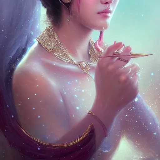 Image similar to a beautiful portrait of a pearl goddess with glittering skin, a detailed painting by greg rutkowski and raymond swanland, featured on cgsociety, fantasy art, detailed painting, artstation hd, photorealistic